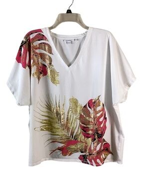 Chico’s Short Sleeve Tee with Gold Metallic Palm Leaf Design XXL